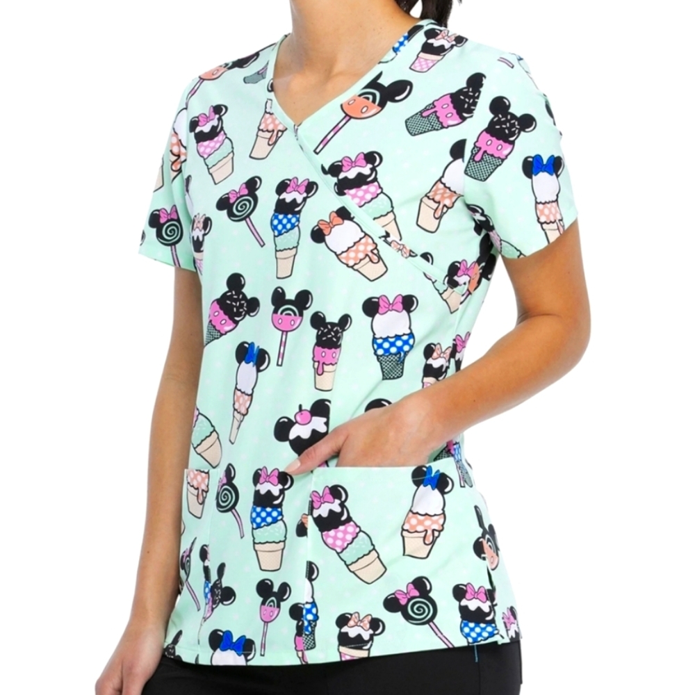 Disney Mock Wrap Scrub Top Size L Minnie/Mickey Mouse Ice Cream Stretch
